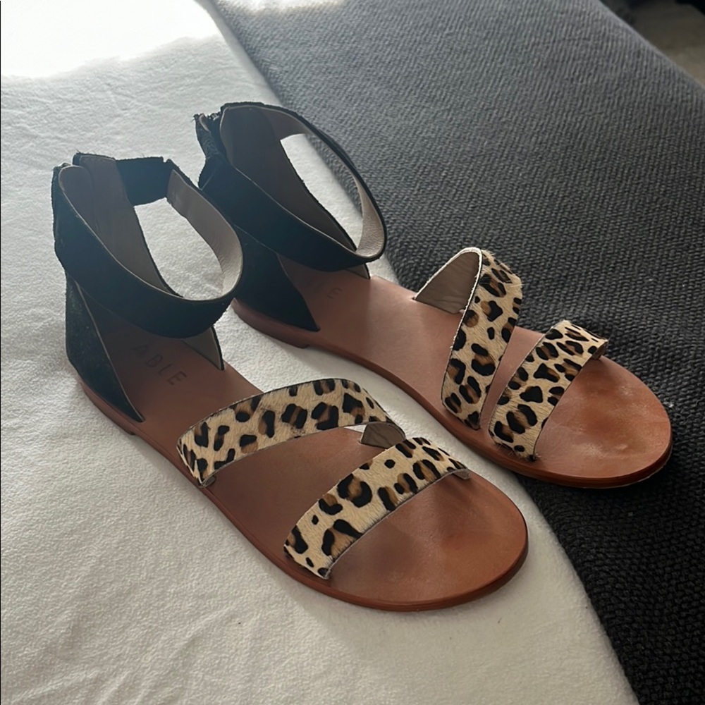 Leopard Print Sandals with Black Straps